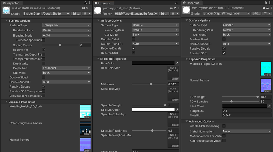 Image of base, decal & trim materials Unity inspector settings side by side